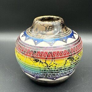 Native American Navajo Pottery Horse Hair Rainbow Small Vase Hilda Whitegoat